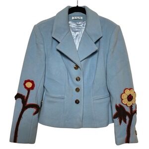 enSoie Women's Wool Flower Jacket Blazer Size EU 38 Medium Baby Blue Floral